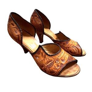 Vintage handmade high heel d'orsay pumps tooled leather cowgirl southwestern 50s